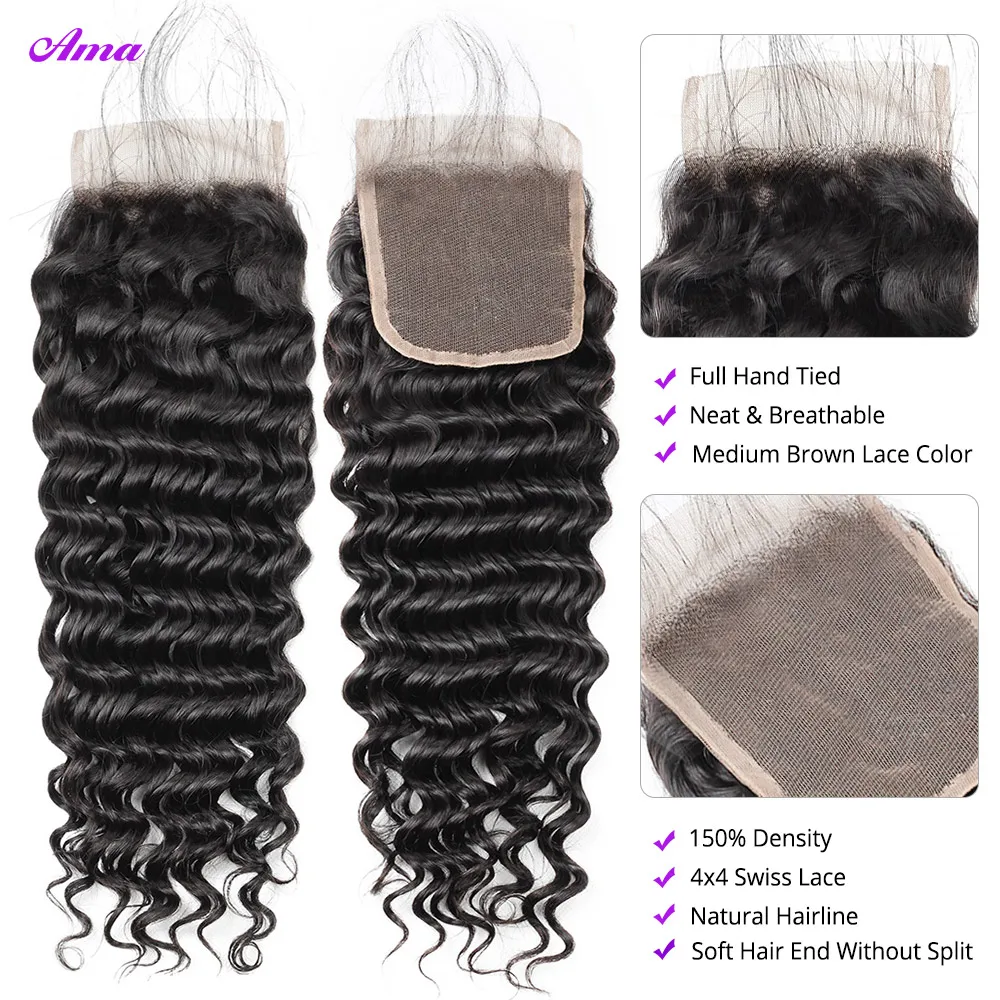 Bundles brésiliens de cheveux humains Deep Wave avec fermeture, partie libre, 4x4 ", 3/4