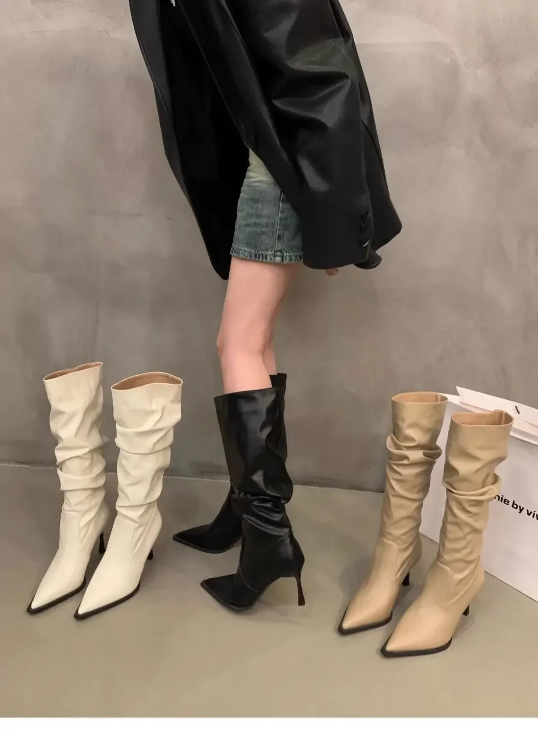 Plissierte Spitze Damen Langstiefel Street-Style High Heels Party-Stripper Damen Leder High Booties – Detail 4