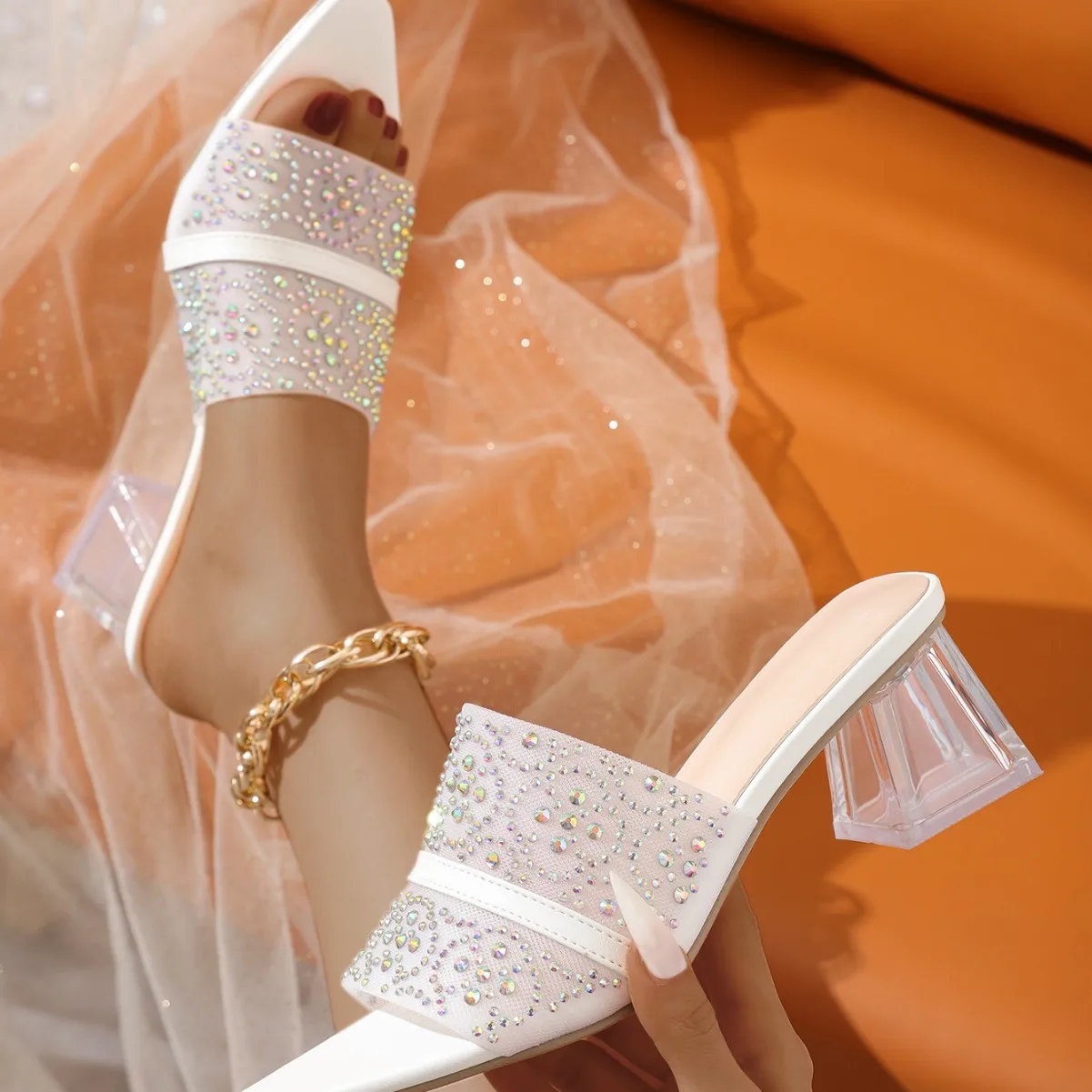 

Женские сандалии, босоножки на толстом каблуке с квадратным носком и кристаллами, женские прозрачные женские тапочки на среднем каблуке со стразами