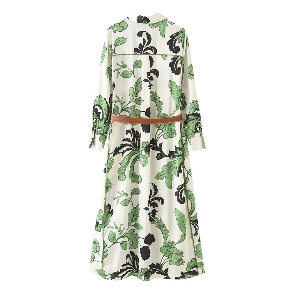 2024 Spring New Women's Casual Style Slim Flip Collar Long Sleeves with Belt Printed Shirt Style Dress