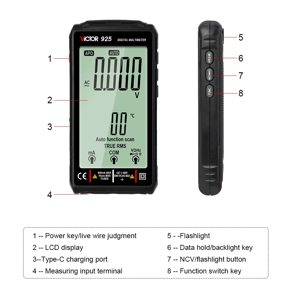 Ruoshui 925 Digital Multimeter Full Screen 10000 Counts LCD Display NCV Diode 500mAh Lithlum Battery Frequence New Smart Tester