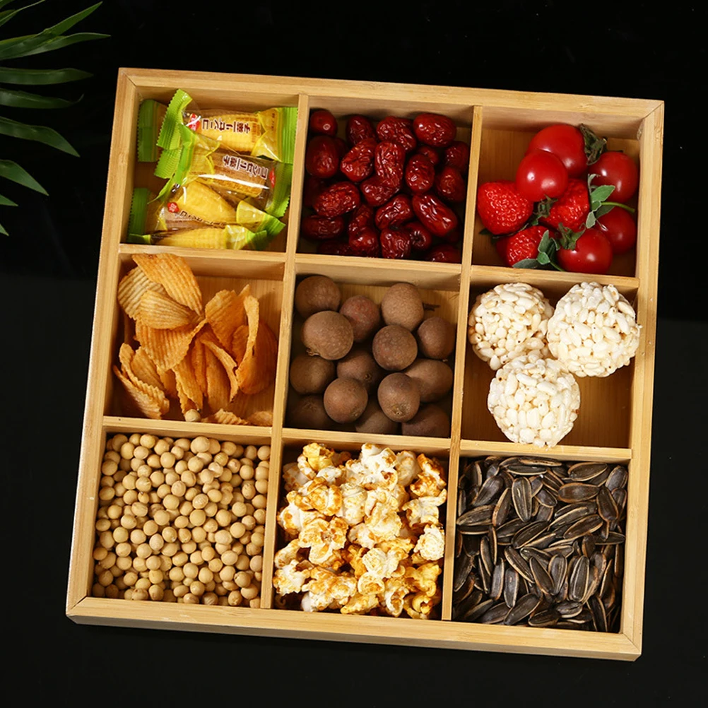 

Bamboo Serving Tray 9 Compartments Wood Desktop Plate Multi-purpose Food Storage Container for Snacks