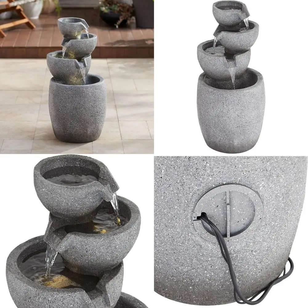 

"large 32-inch zen modern indoor-outdoor gray faux stone floor fountain with led light and cascading waterfall"