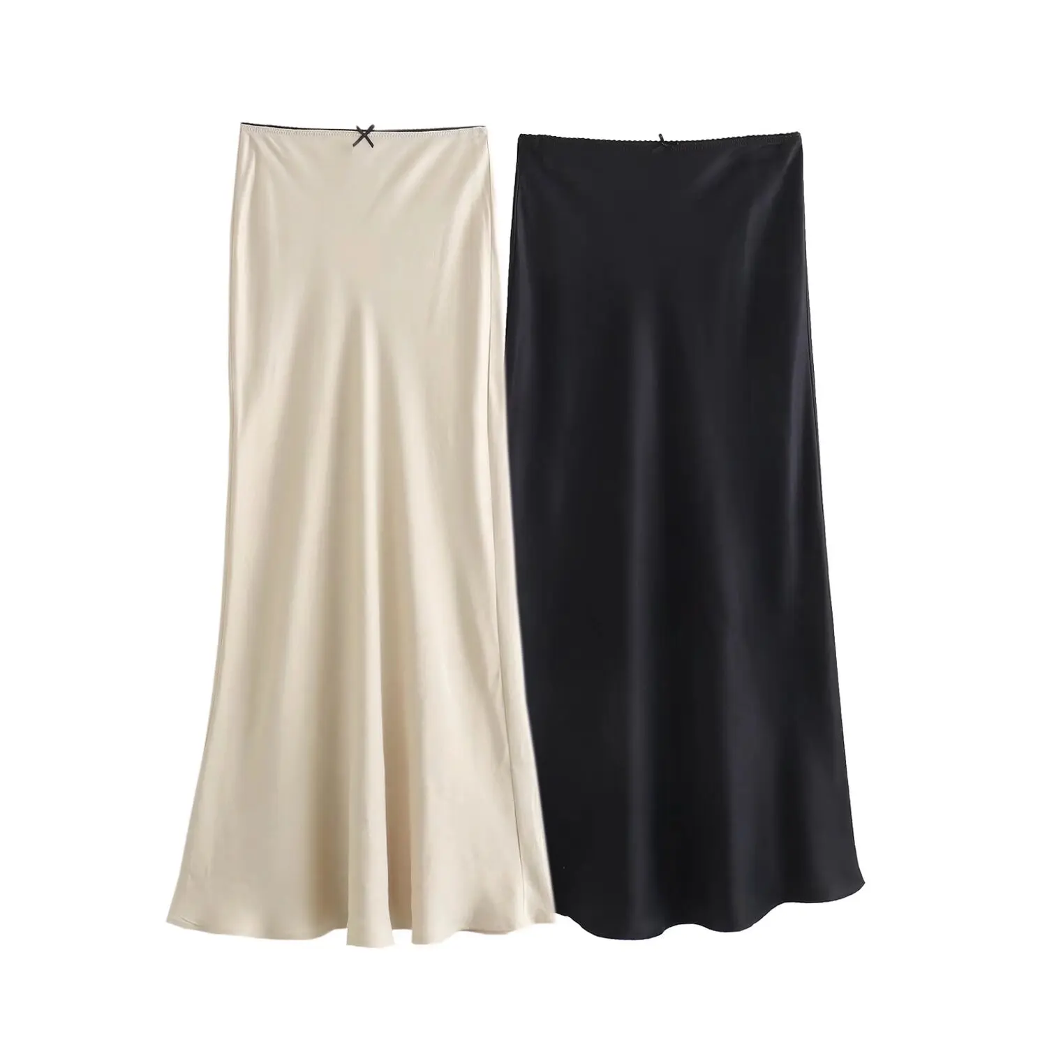 Tangada 2024 Women Bow Satin Skirt Zipper High Waist Female Long Skirt 6X006