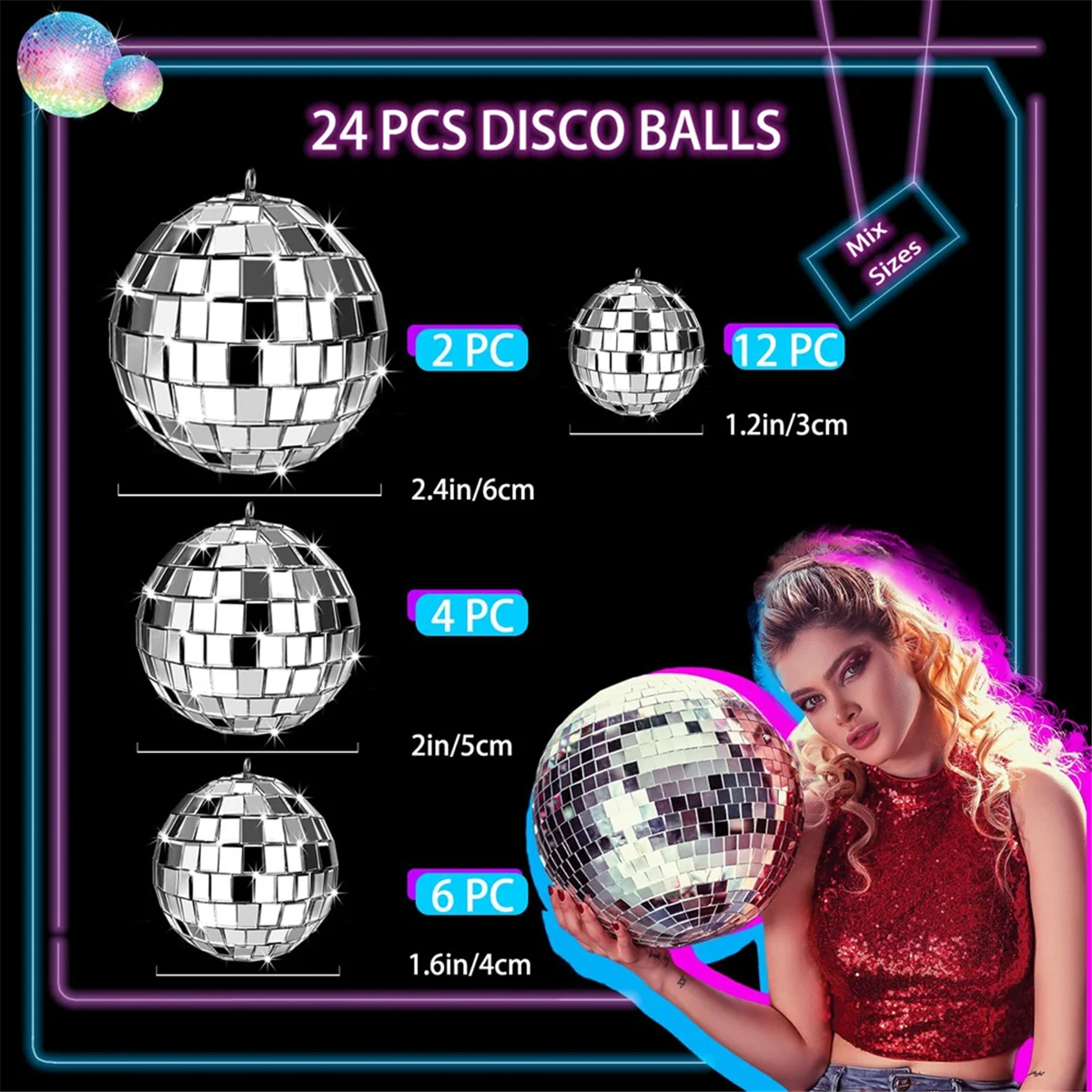 24 Pcs Mirror Disco Ball Hanging, Glass Disco Ball Decor, Disco Party Decorations, for Holiday Party Decor with RopeT98C