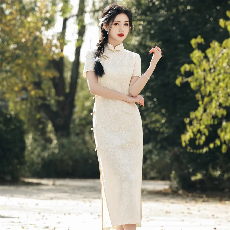 Summer New Lace Long Cheongsam Dress Daily Improved Traditional Chinese Style Dress for Girls  Chinese Wedding Dress SW-042