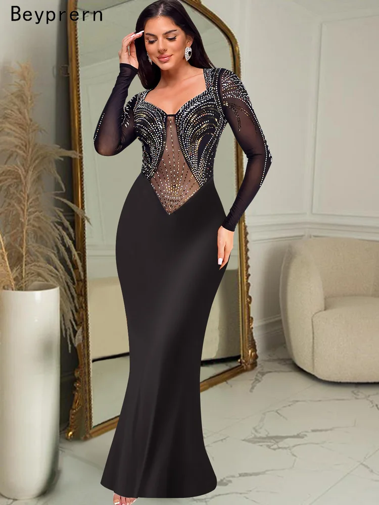 Beyprern Women's Crystal Embellished Long Maxi Dress Glam Mesh Patchwork Sequins Party Dress Gown Birthday Outfits Sexy Clubwear