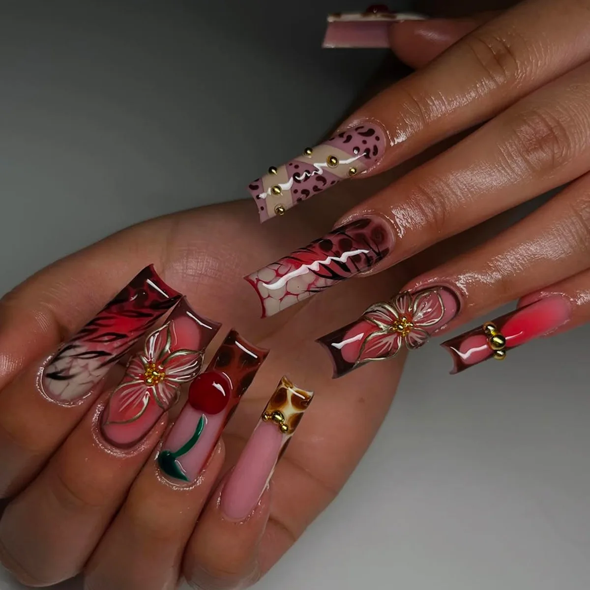 

24pcs Leopard Print Design False Nails Gradient Red Long Square Press on Nails Tips Wearable with Cherry Flower Design Fake Nail