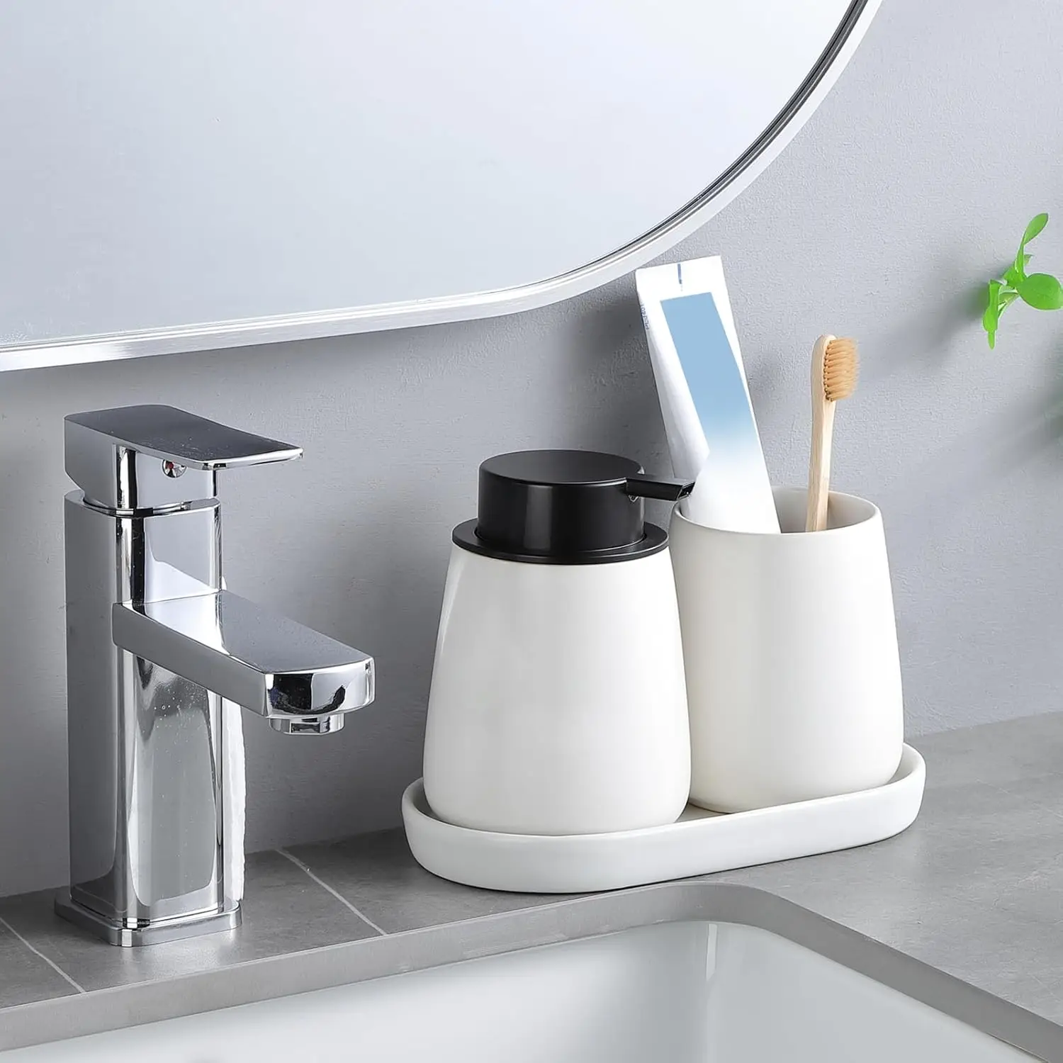 White circular soap dispenser tray -8-inch ceramic vanity tray, used for bathroom decoration, jewelry ring plate - Detail 1