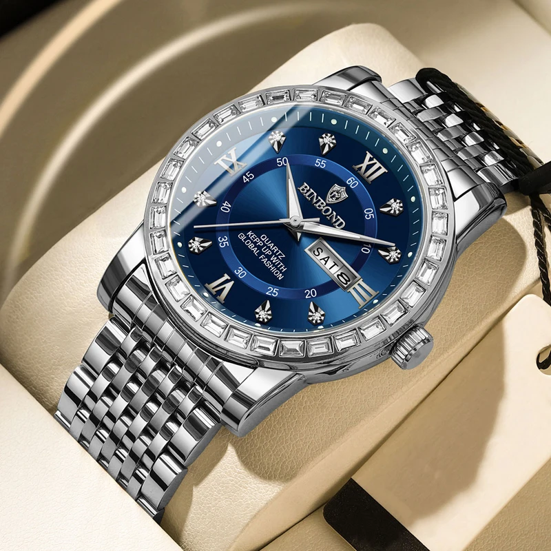 

BINBOND модные мужские часы модные деловые инкрустированные бриллиантами двойной календарь водостойкие светящиеся кварцевые часы для мужчин