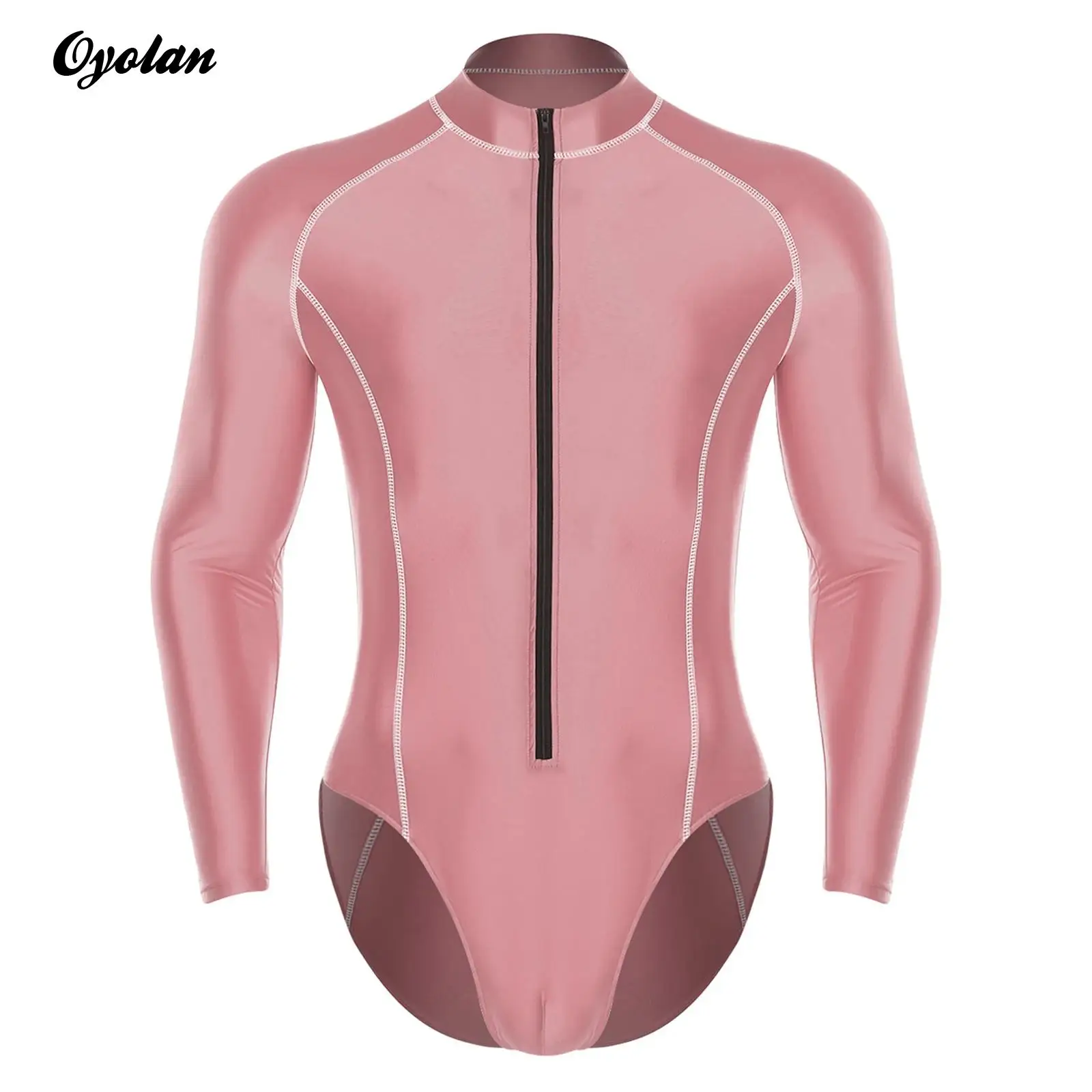 

Mens Glossy Bodysuit Rash Guard Swimsuit Mock Neck Long Sleeve Front Zipper Leotard Jumpsuit Beach Surfing Swimming Swimwear
