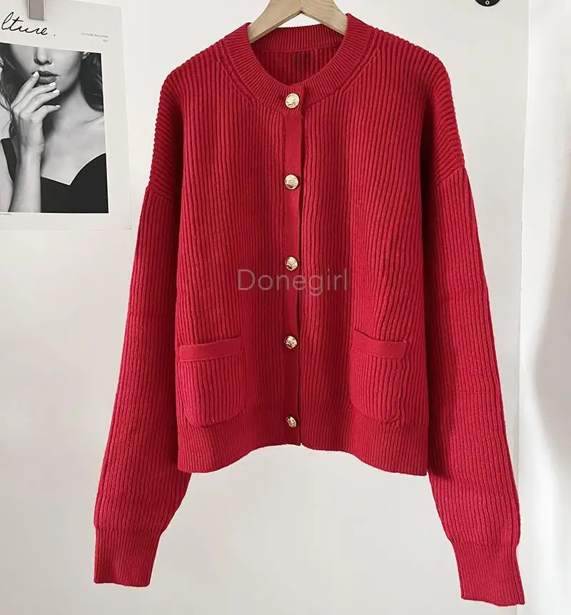 Donegirl Autumn Winter New Women 2024 Solid Elegant Knitted Sweater Coat Reverse Needle Weaving Versatile Cardigans Tops Chic