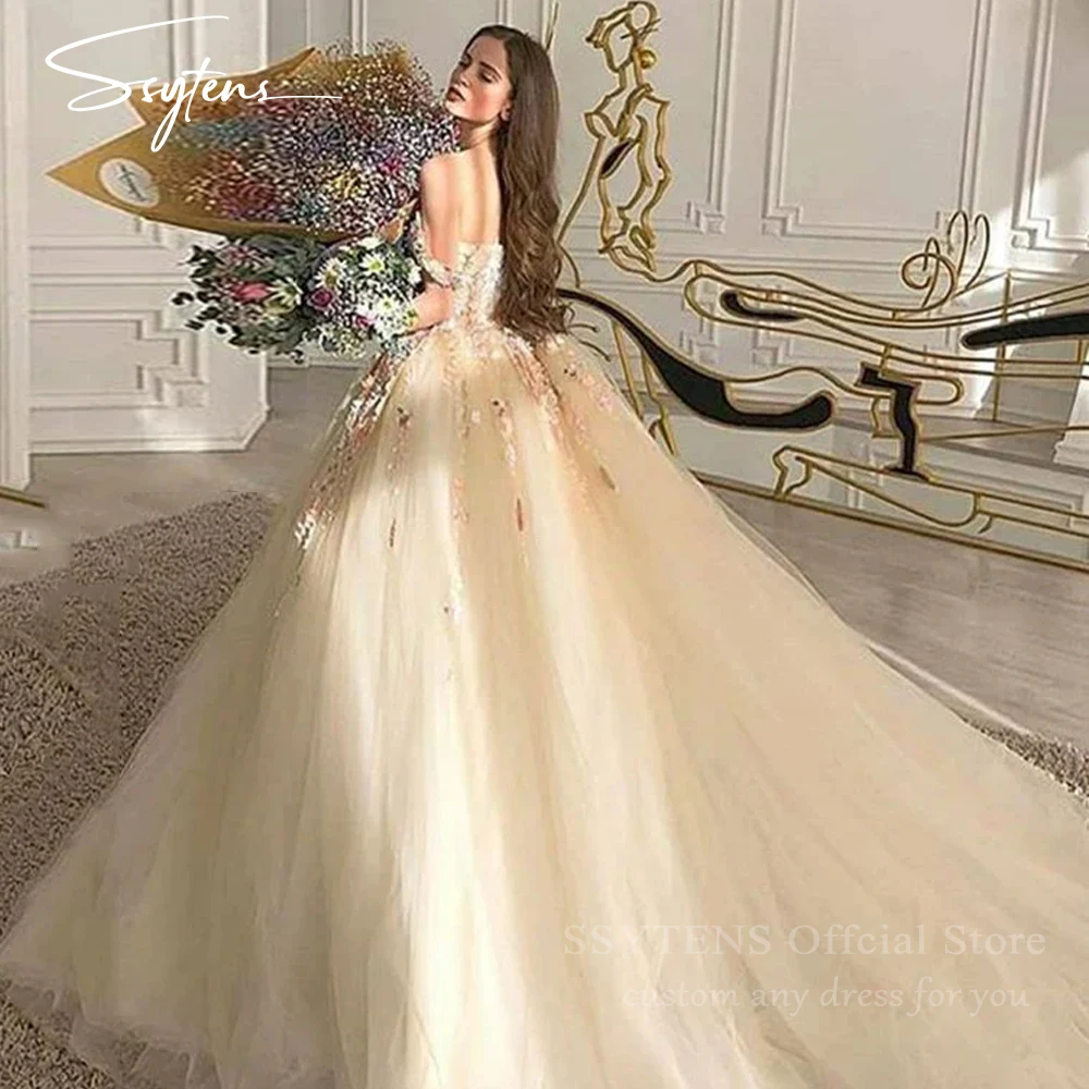 SSYTENS Elegant Champagne Tulle Prom Dresses Off the Shoulder Fairy Event Evening Dresses Women Birthday Prom Gowns Customized