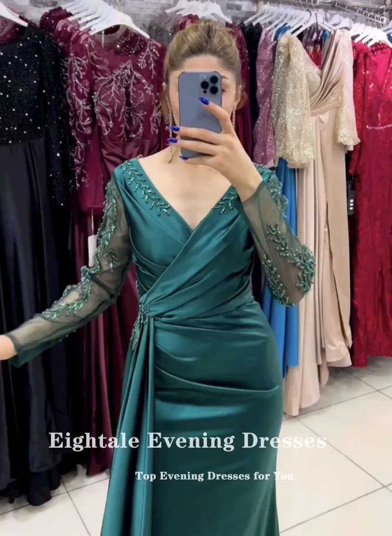 Eightale Emerald Green Evening Dress for Wedding Party Long Sleeves V-Neck Satin Beaded Mermaid Celebrity Formal Prom Gowns