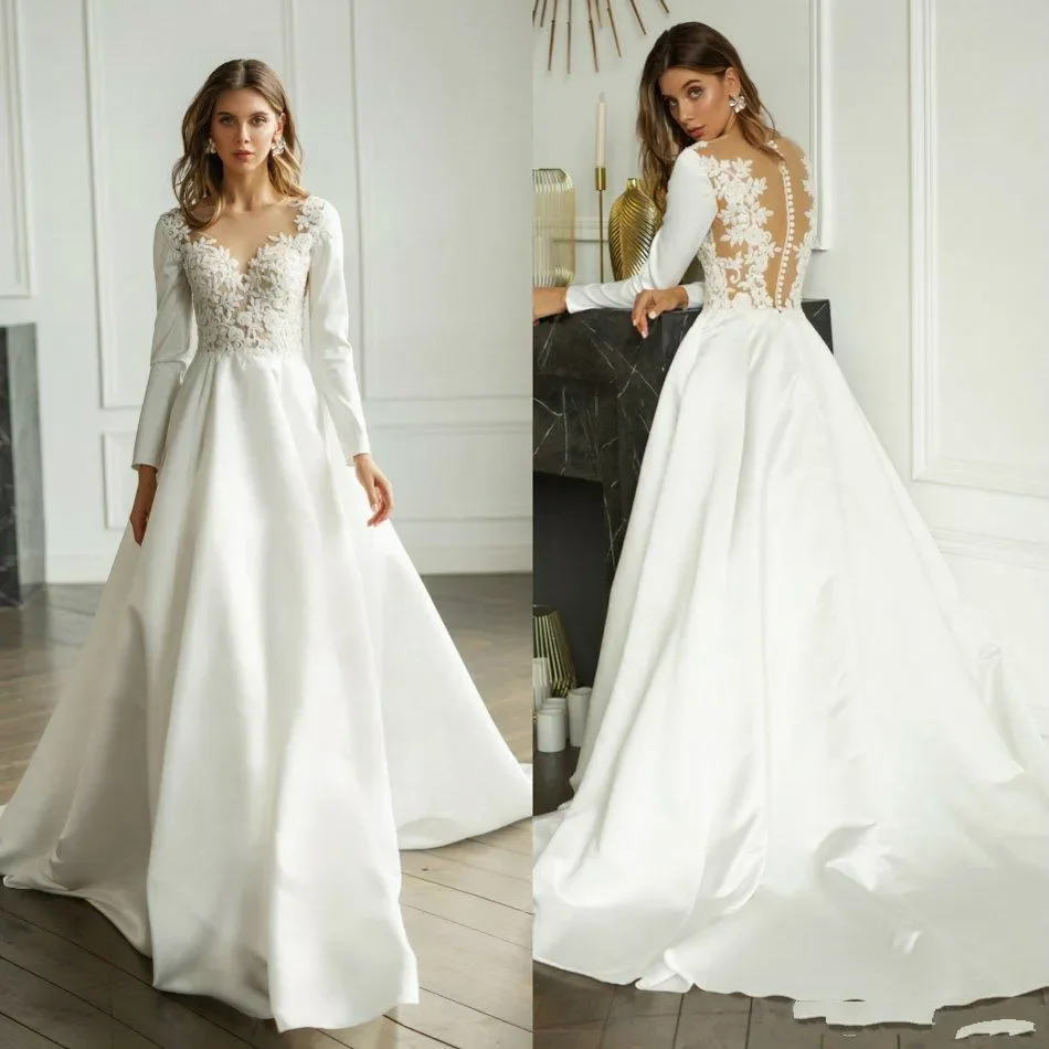 

Elegant Lady A Line Beach Wedding Dress Sexy V-neck Long sleeve bridal dress Decal illusion after sweeping train wedding dress