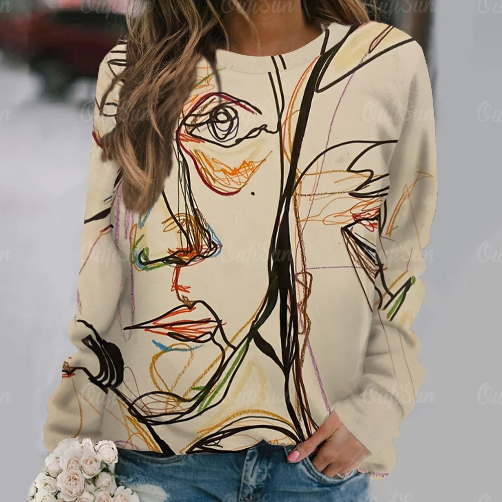 Women's Geometric Abstract Portrait Printed T-shirt Retro Art Long Sleeve T-shirt Female Casual Clothes Home Clothes