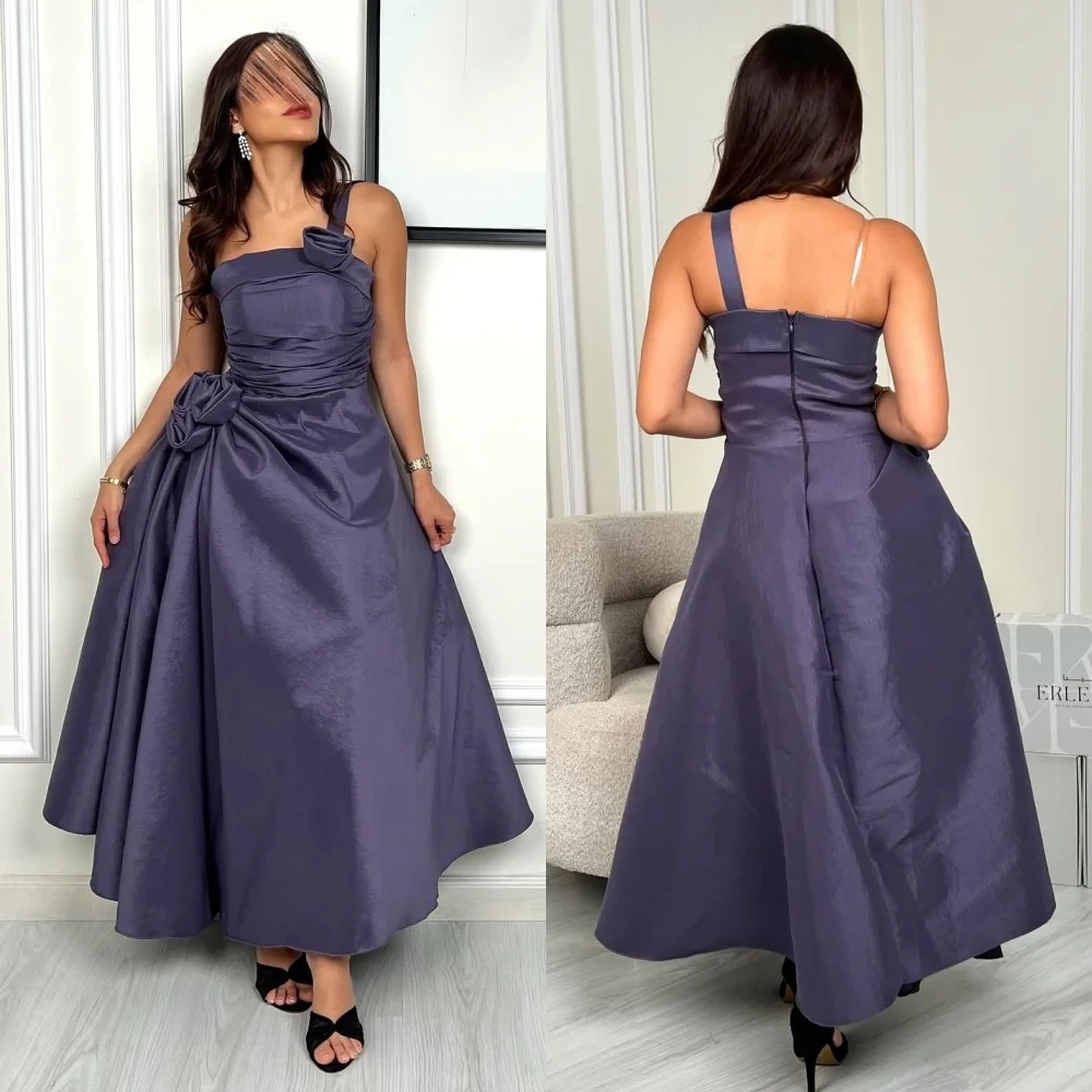 

Customized Modern Style Exquisite Charmeuse Handmade Flower Ruched Ball Gown One-shoulder Long Dresses Bespoke Occasion Dresses