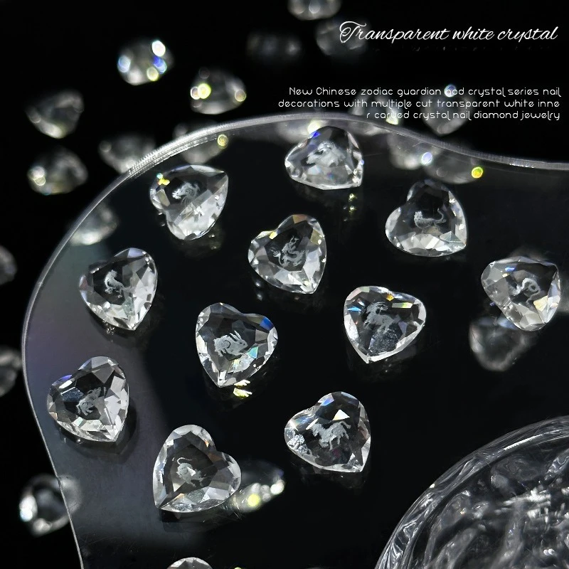 5Pc transparent heart crystal nail charm with inner carved 12 Chinese zodiac signs for unique delicate nail art decoration