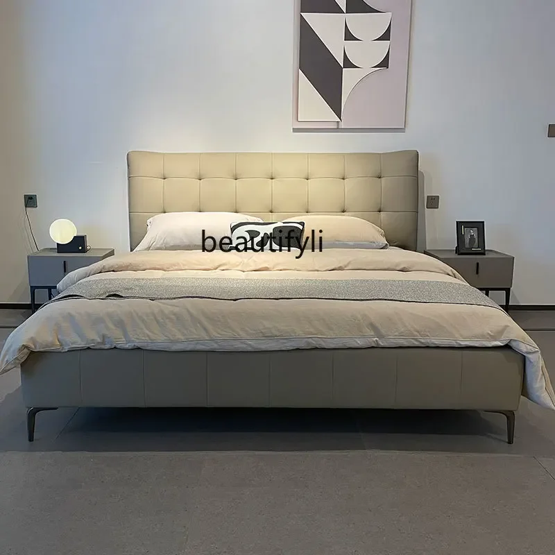 

zxqGenuine Leather Marriage Bed Bed in Master Bedroom Simple Italian Double Bed First Layer Cowhide Designer Model