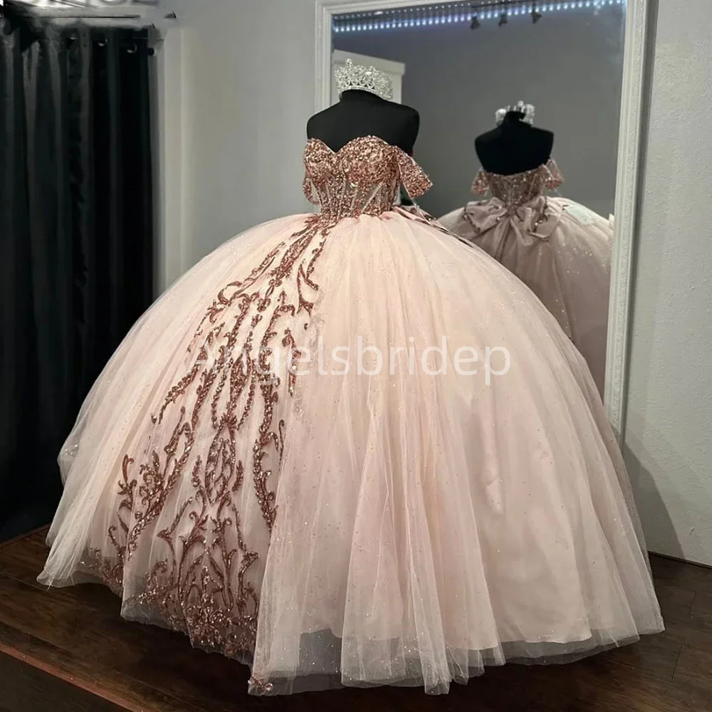 Angelsbridep шампанское бальное платье, платья для Quinceanera 2025 Vestidos De Festa с накидкой, розовое золото, Аппликации, женское платье на день рождения