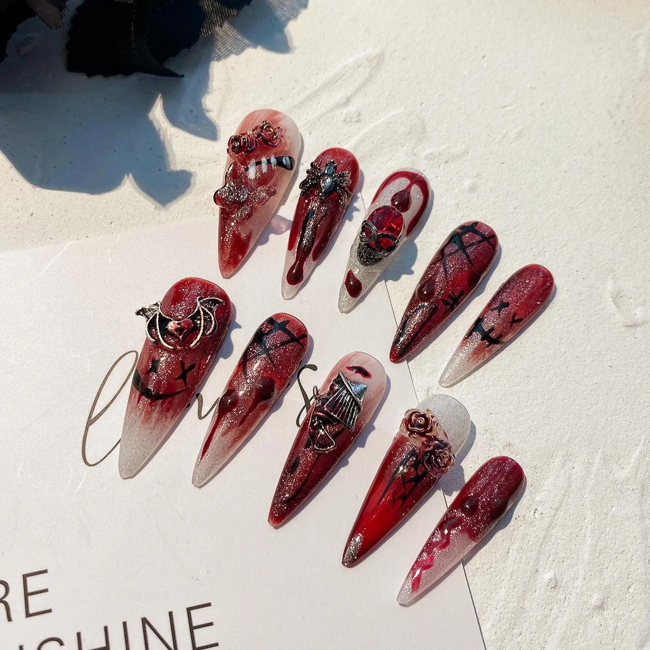 

Handmade Y2k Press on Nails Goth Style Black and Red Halloween Fake Nails with Design Full Cover Long Coffin Acrylic Nail Tips