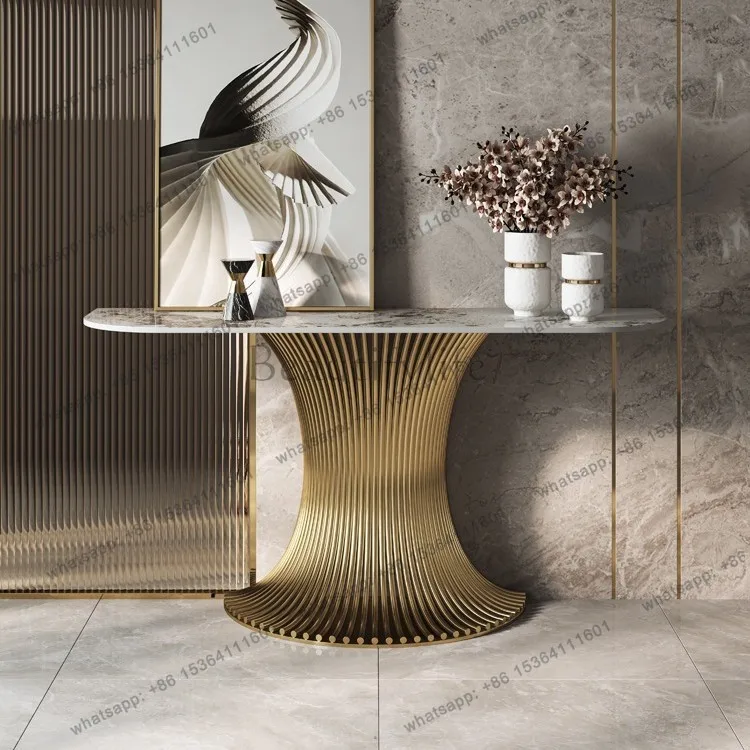 yj32 Stainless steel marble living room metal hotel reception table hollow titanium gold
