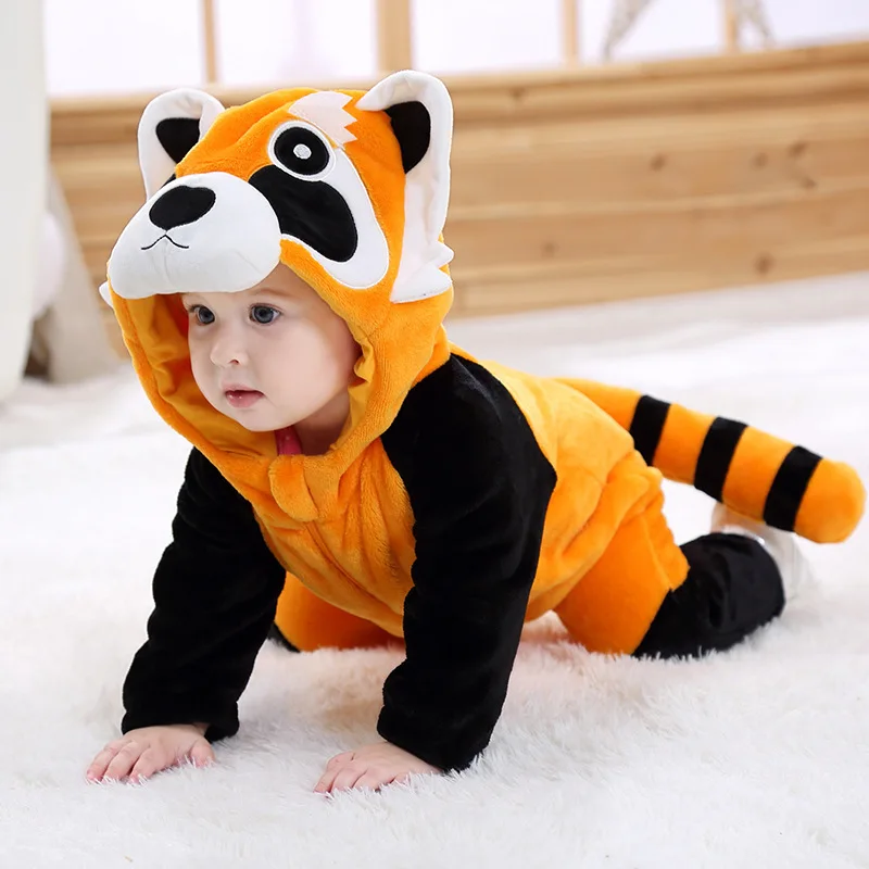 Baby Raccoon Rompers Onesies Kids Halloween Costume Outfit Toddler Boy Girl Winter Clothes Flannel Cute Animal Kigurumis 2023