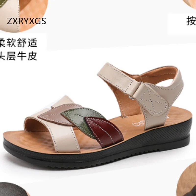 ZXRYXGS 2026 Summer Genuine Leather Mixed Colors Mother's Fashion Sandals Comfortable Soft Sole Non-slip Women's Flat Sandals