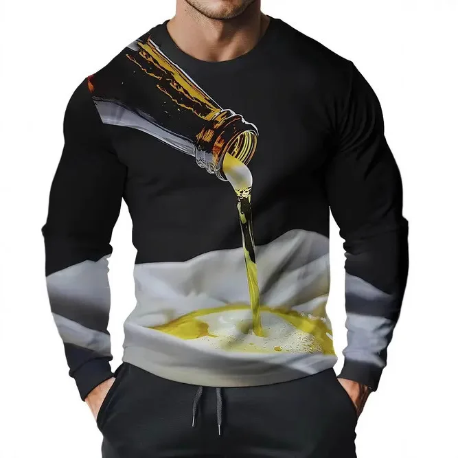 New Arrival Niche Design Men's Fashion Trendy Long-Sleeve Crew Neck Casual T-Shirt with Funny Pattern Print