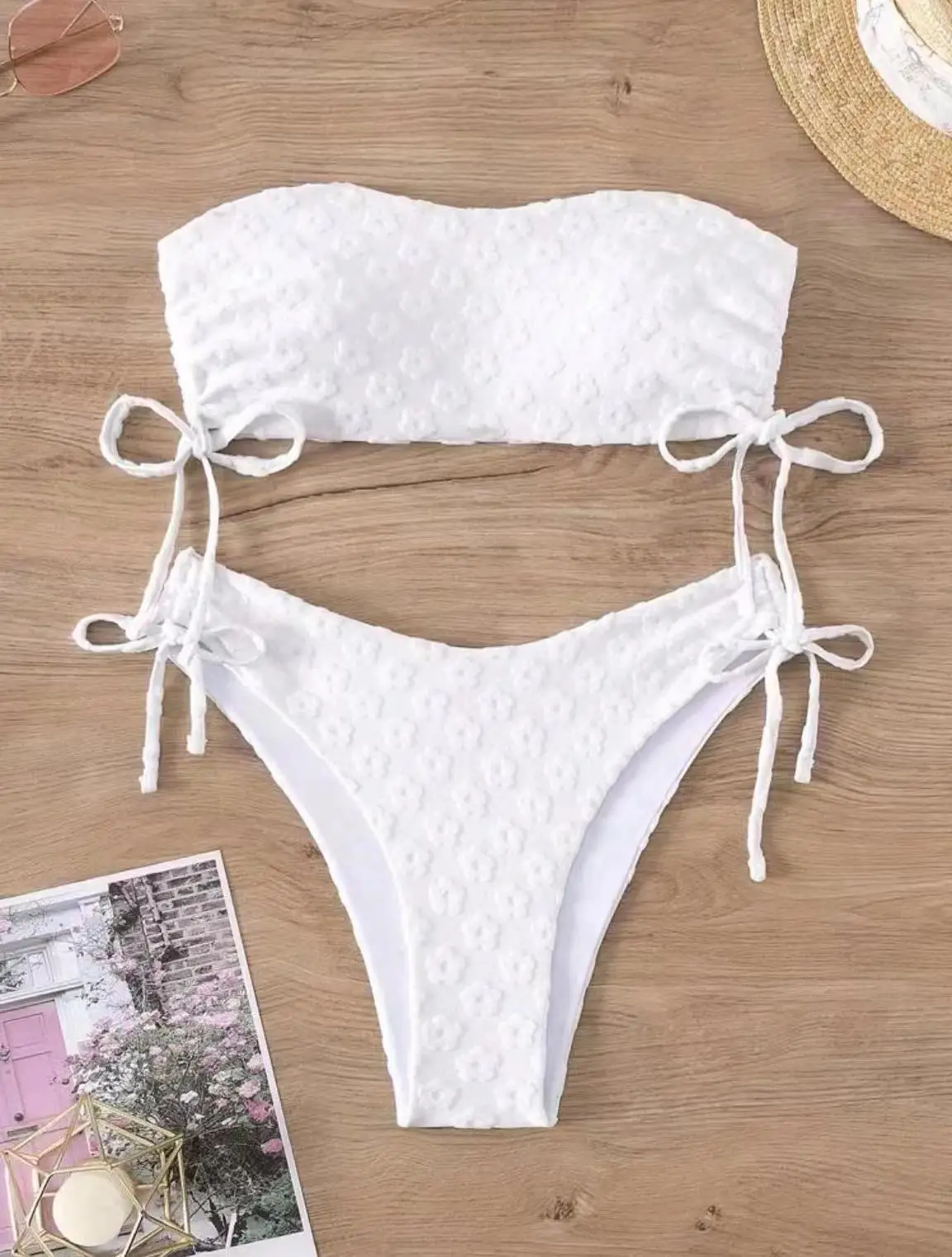 Sexy Bikini Set Women Trendy Two-Piece Swimwear Sexy Solid White Beach Bathing Suits Summer Women Drawstring Swimsuit Holiday