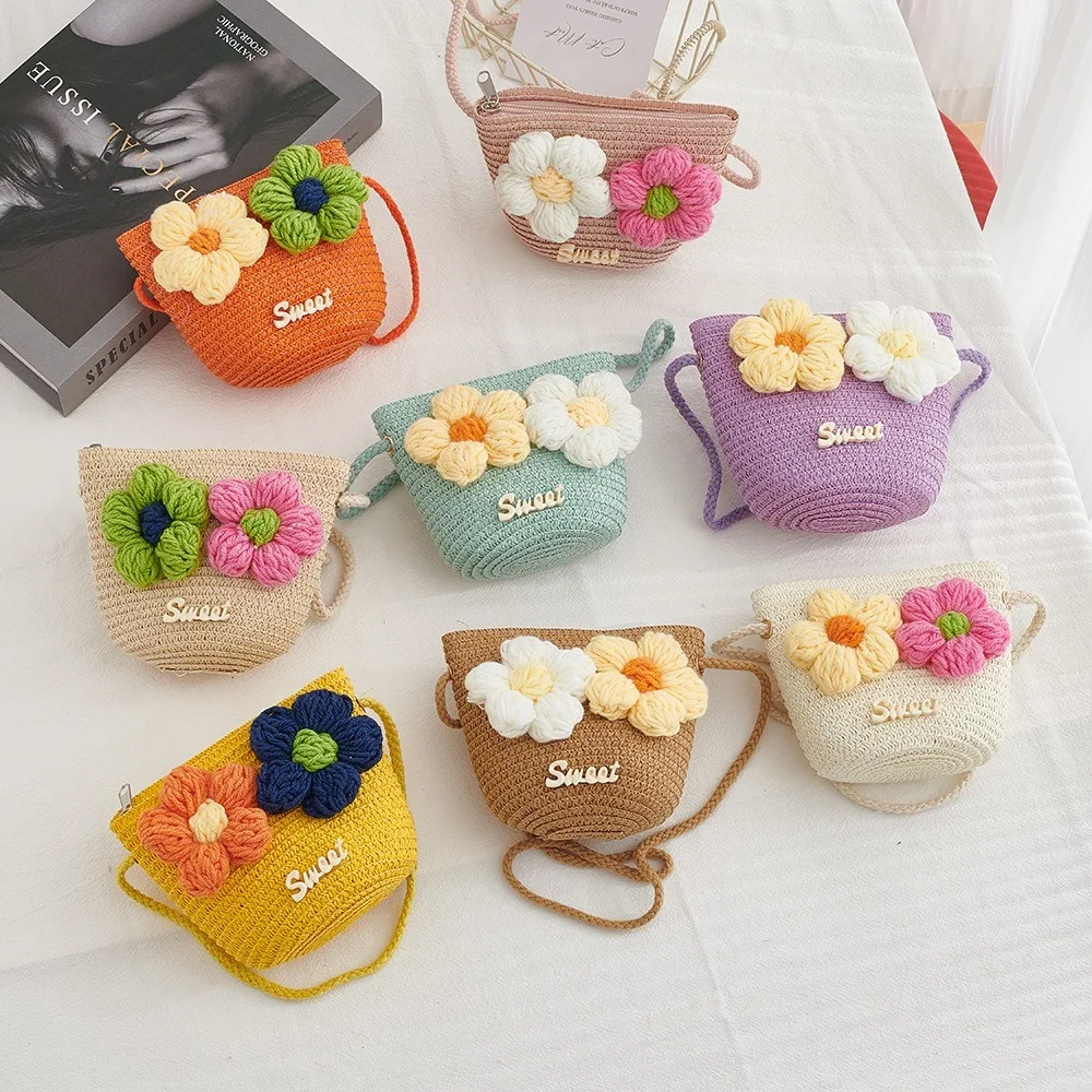 

Mini Zipper Flower Straw Bag Summer Beach Coin Purse Photo Props Kid Messenger Bags Handmade Woven Storage Basket