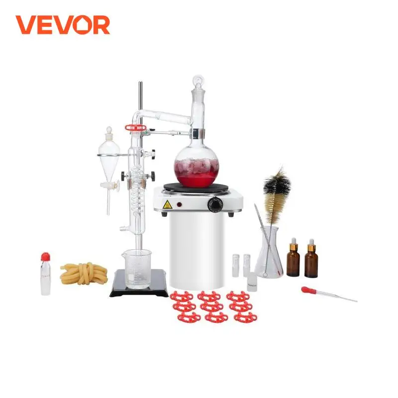 VEVOR Essential Oil Distillation Kit 500ml/2L Distillation Apparatus 3.3 Boro Lab Glassware Distillation Kit with 1KW Heat Plate