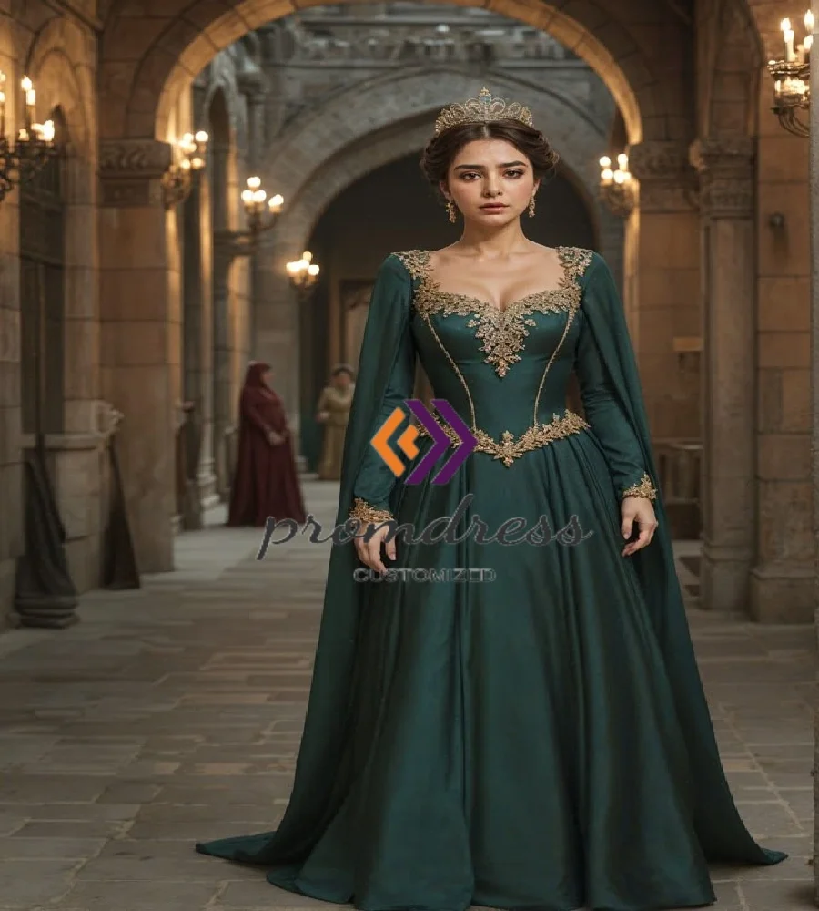 

Baroque Dark Green Evening Dress Elf Cape Sleeve Gold Lace French Duchess Civil War Prom Dresses 2025 Victorian Era Formal Party