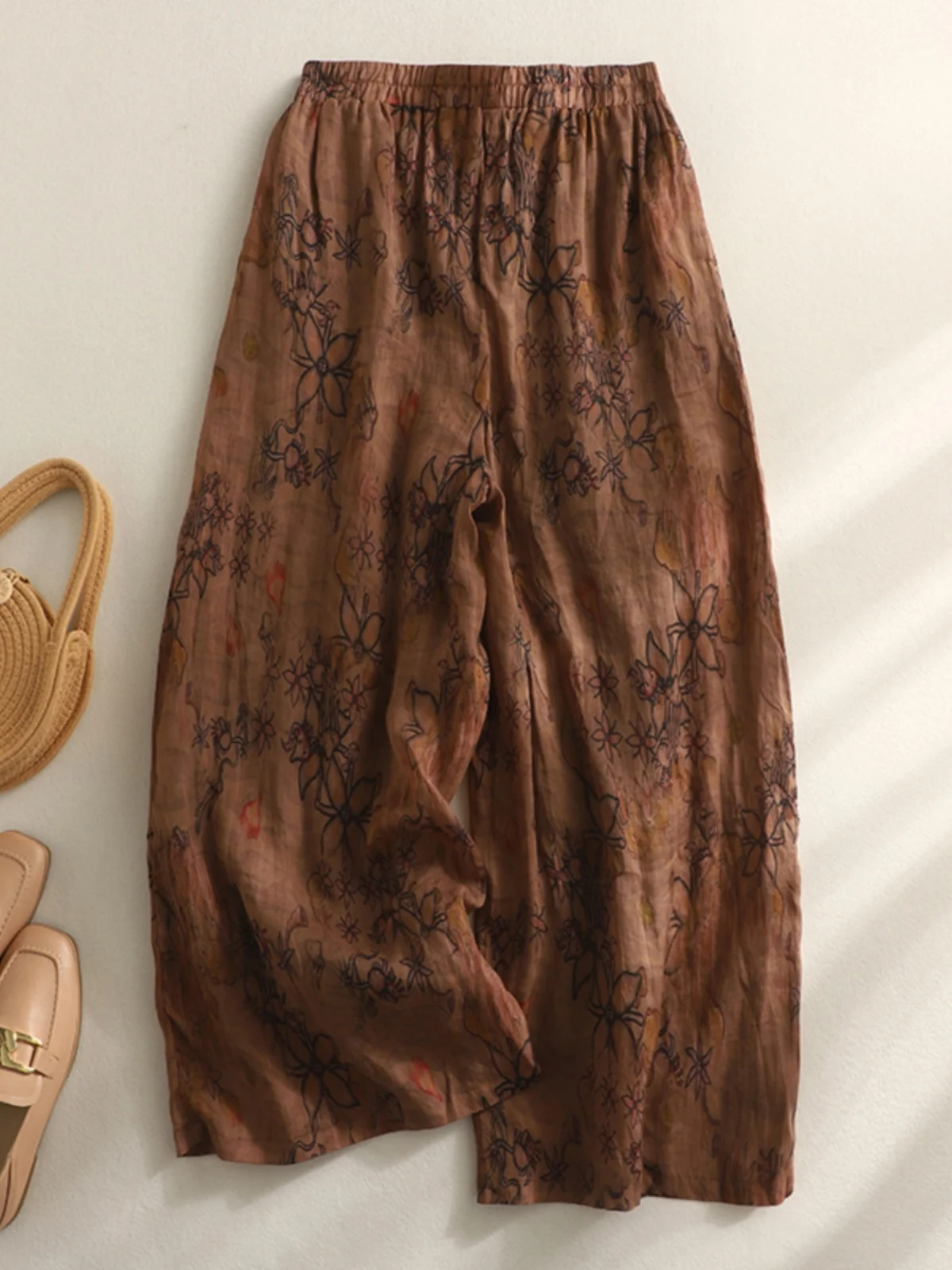 Retro uitlopende broek Casual linnen print Hoge taille Afslankende wijde pijpen broek voor grote maten Dames Zomer Negen punten Rechte snit