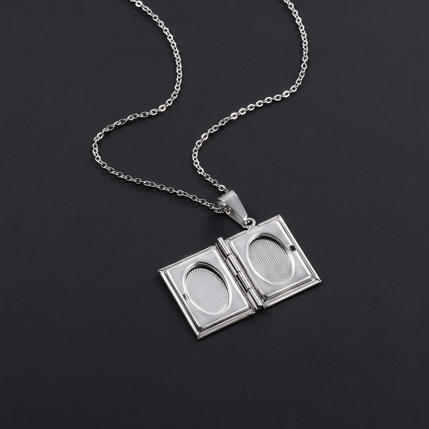 Fotorahmen-Anhänger Halskette O-Kette Rechteckiges Medaillon Buchbild-Charm Edelstahl Öffnbarer Anhänger Schmuck Paargeschenk – Detail 5