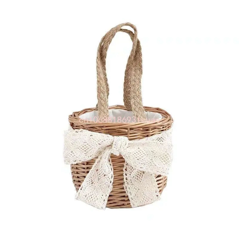 Kids Mini Handbag Cute String Bags for Girls Straw Basket Tote Lace Bowknot Hand Bags Handmade Baby Beach Rattan Bucket Bag