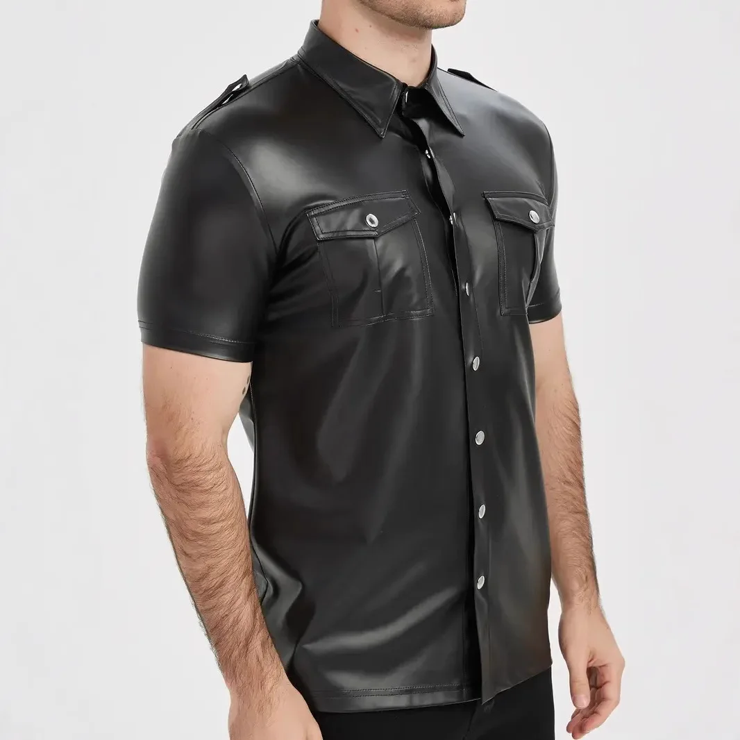 Over Size Short Sleeve Double Pocket Tooling Leather Shirts Youth 2025 Spring Summer New PU Leather Coats Men's Locomotive Shirt