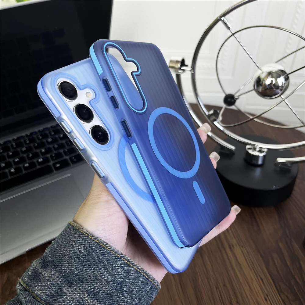 Luxury Transparent Corrugated Magnetic Wireless Charging Case For Samusng S24 Plus S23 Ultra Shockproof Hard Protection Cover