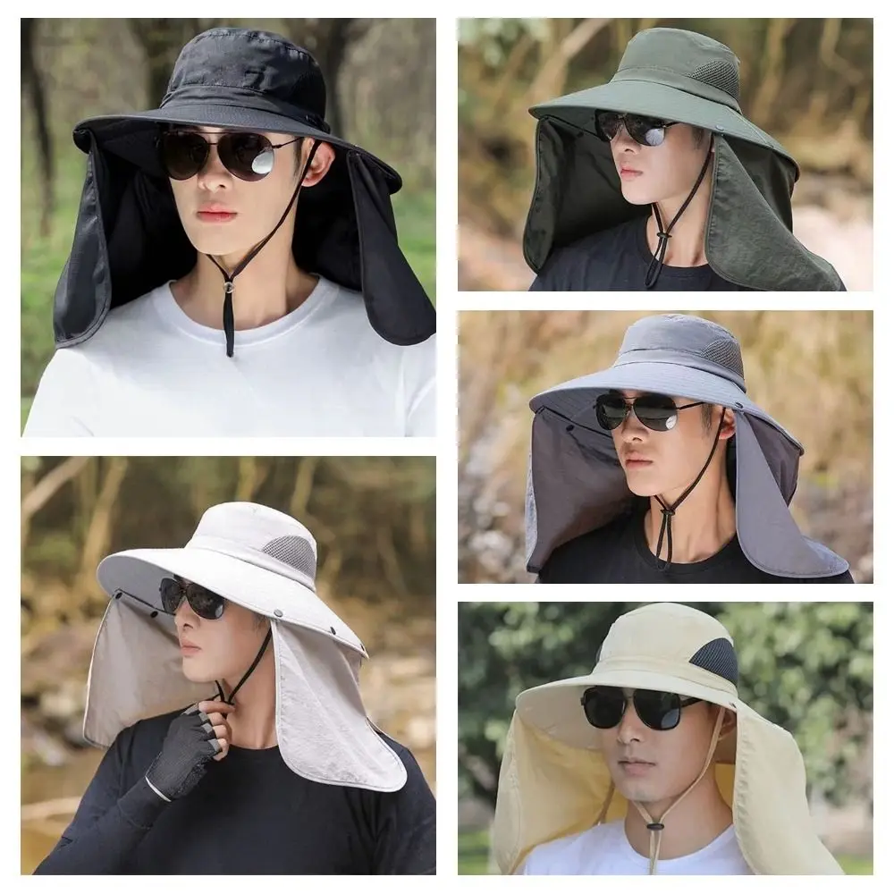 Fashion Cloth Men Sun Hat Big Brim Removable Shawl Women Visor Cap With Lanyard Neck Protection Fisherman Hat Fishing view 5