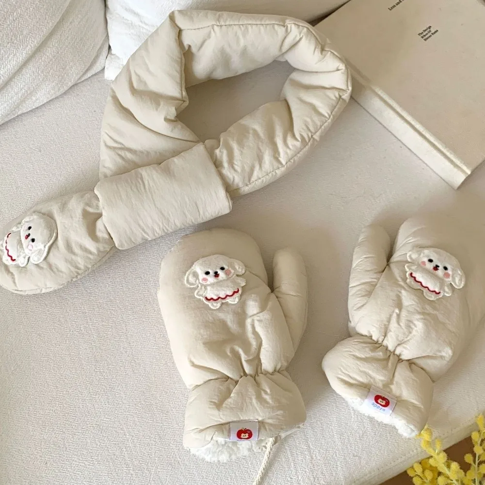 Cute Fleece Lined Pink Bunny Puppy Mittens Polyester Neck String Winter Cold Proof Gloves Thick Warm Gloves Cold Weather