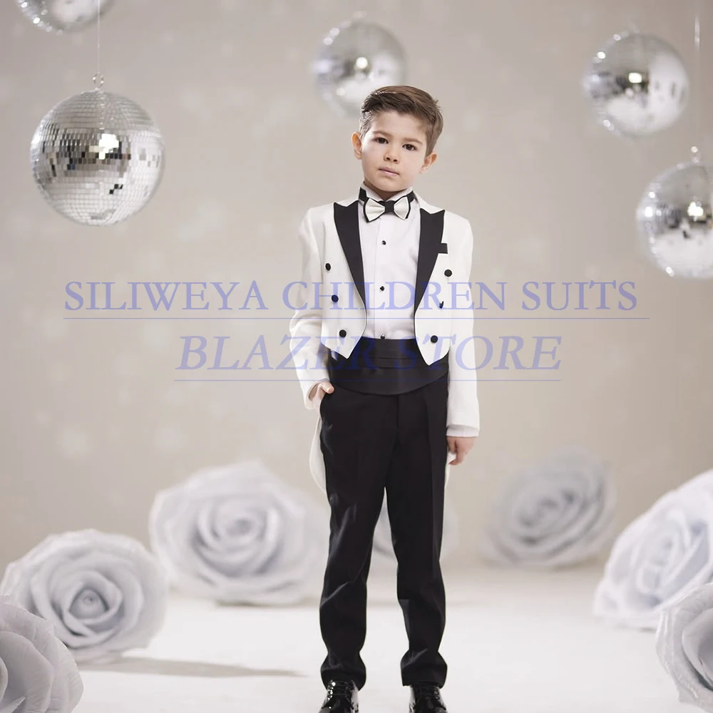 

Customzied Boy's Clothing Luxury Featival Double Breasted Peak Lapel White Jacket With Black Pants 2 Piece Children Suits Blazer