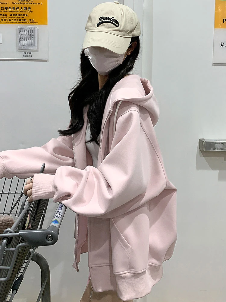 Pink Hooded Sweater Early Autumn Thin Coat Women's 2025 New Korean Wear Top Lazy Loose Cardigan Zip Up Hoodie