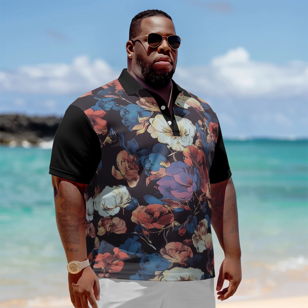 

Plus Size Men's Summer Short Sleeve Lapel Colorful short-sleeved t-shirts in full bloom Daily Casual Button Polo Shirt