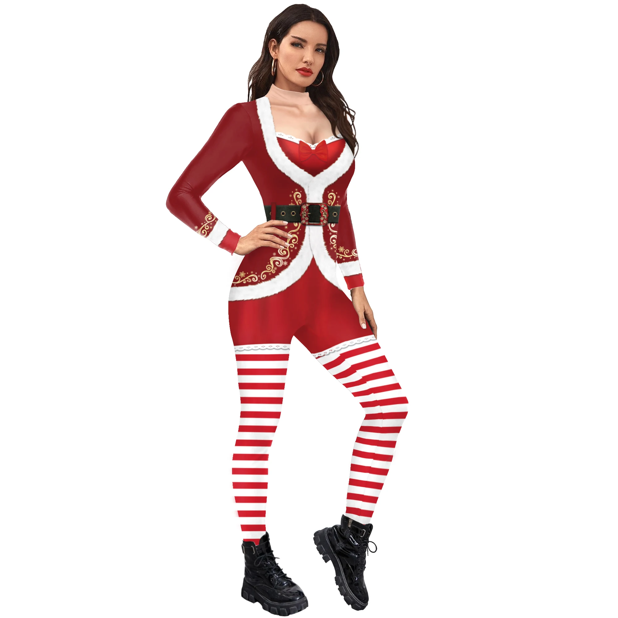 Macacão de Papai Noel para Mulheres, Traje Cosplay de Natal Vermelho Bodysuit Skinny, Fato Zentai Festa, Impressão 3D Adulto, Catsuit, Macacão Spandex