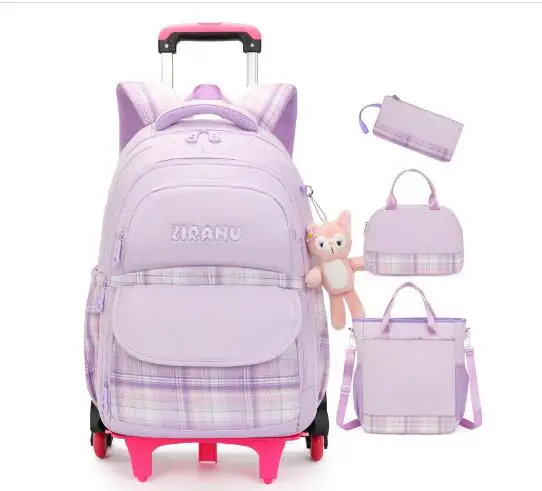 Mochila escolar con ruedas para niña, 5 unidades/juego con bolso, bolsa de almuerzo, mochila escolar con ruedas, conjunto de bolsa con carrito escolar para niñas