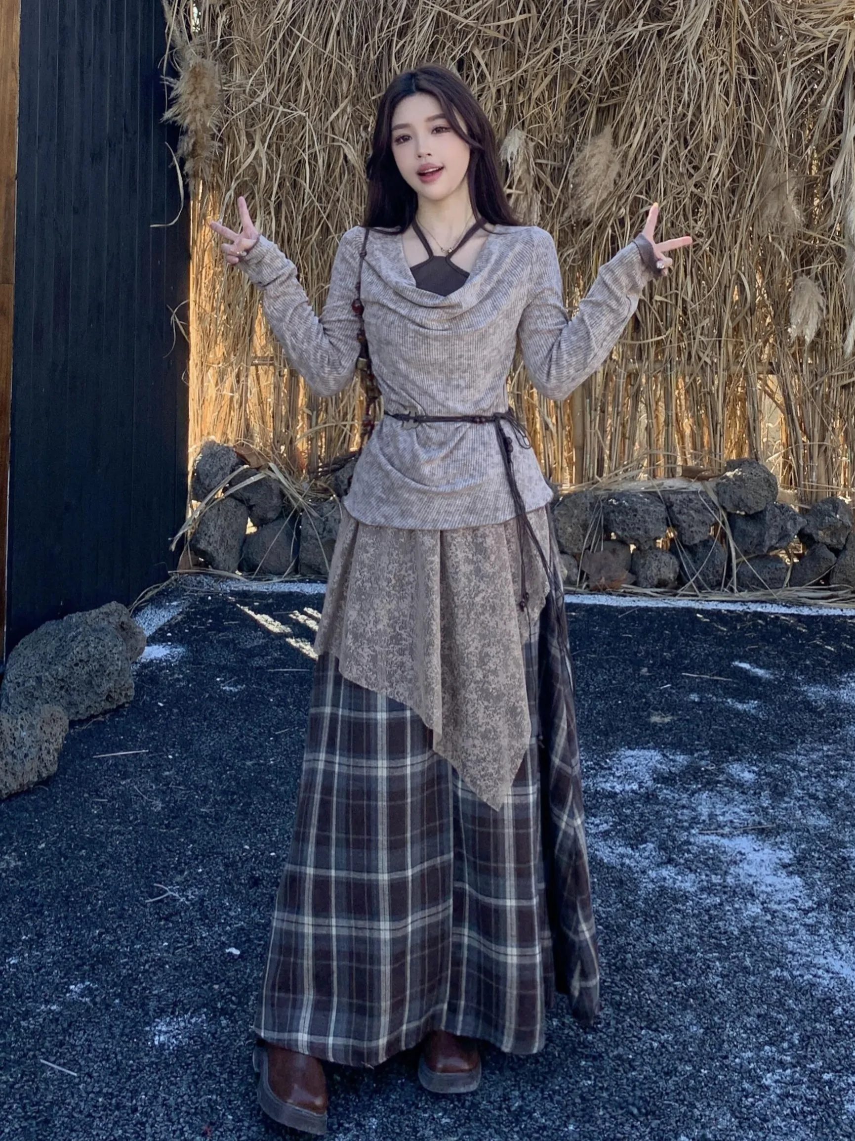 

plus Size Women's Spring New High Waist Splice Long Sleeve Two-Piece Set Slimming Versatile Top with Half Skirt Casual Fashion