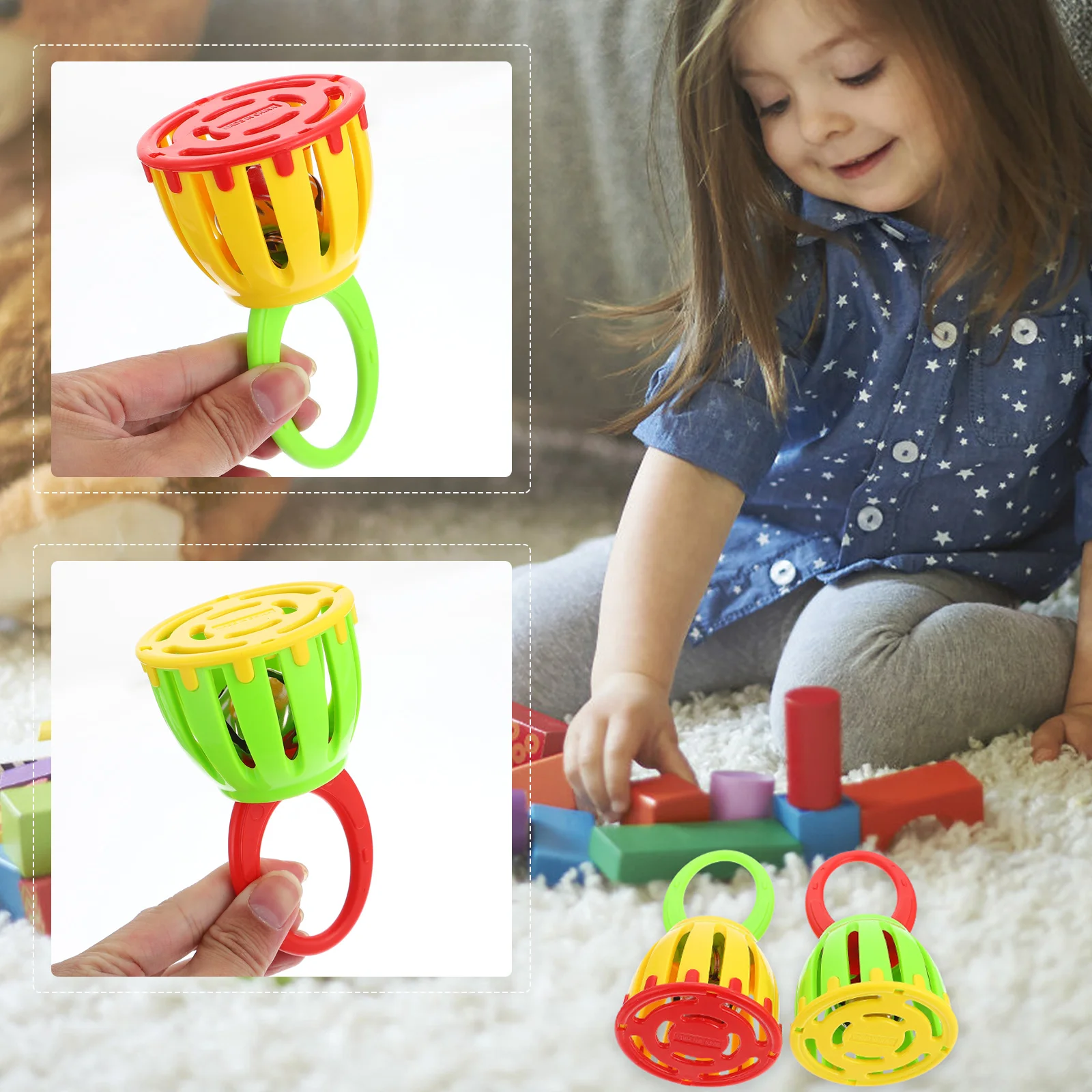 2 Stuks Baby Plastic Rammelaar Kooi Ontwerp Handdruk Bell Baby Muzikale Educatief Vroeg Leren Handheld Instrument voor Kinderen