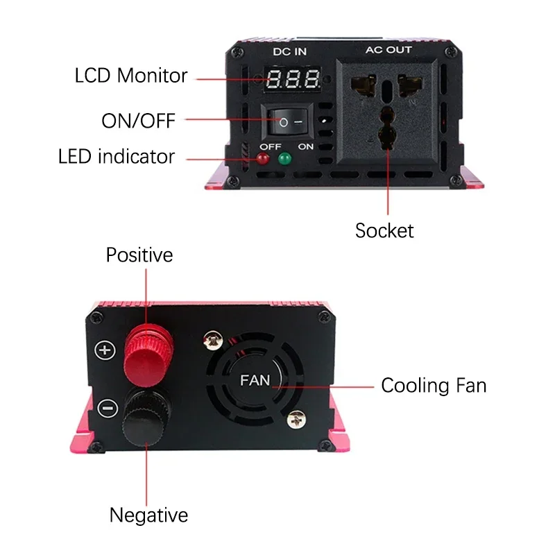 Imagem -02 - Inversor de Onda Senoidal Pura 12v 24v 220v Conversão de Tensão para Casa Carro Portátil Transformador de Potência 3000 2200 1600 1000w