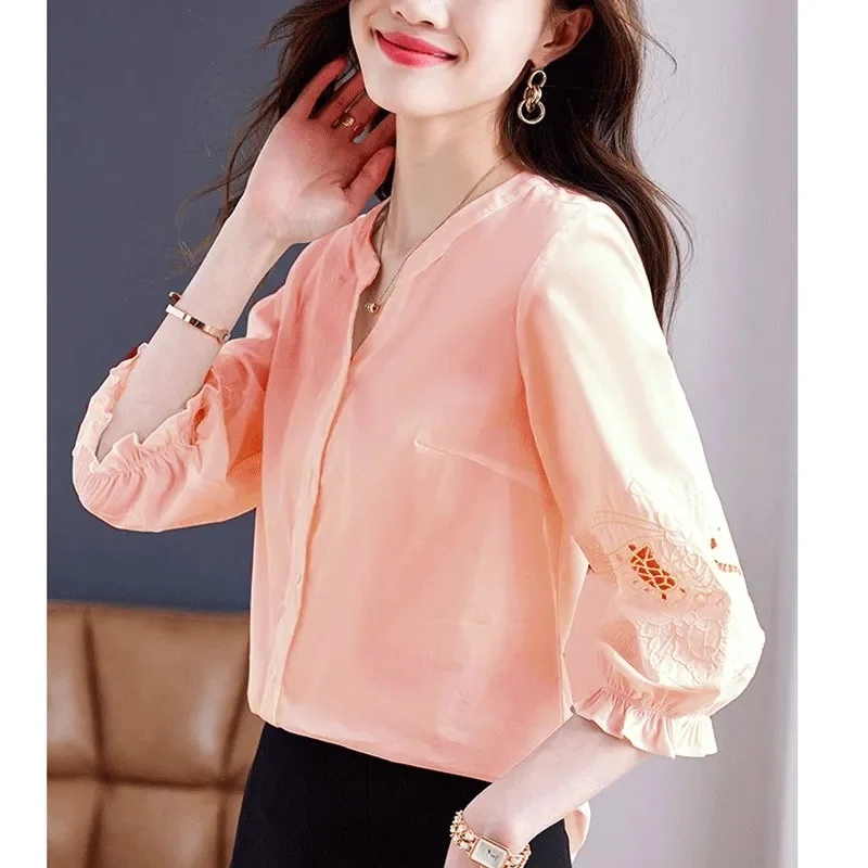 Hollowing Out Embroidery Women Shirt Top Summer Female Seven Points Sleeve Cardigan Blouse Jacket Lady Round Neck Shirts Outwear