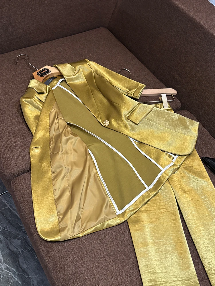 

Profional Yellow Acetate Satin Suit Set Faionable Ele Svel Women's Commute Sle Long Pants Winter Collection
